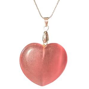 VTG Glass 1.5 in Heart Pendant on Merlite Stamped Silver Tone 18 in chain Dainty